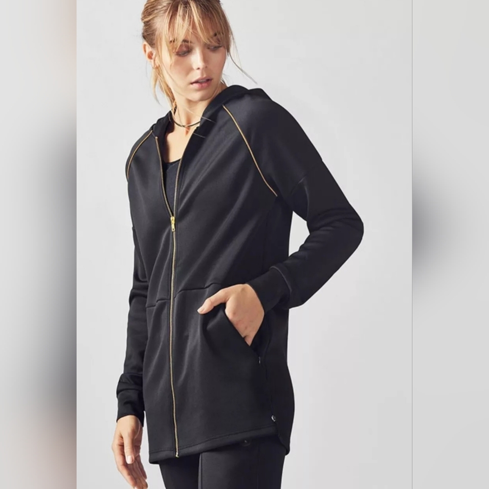 Fabletics Womens Livia Black/Gold Full Zip Hooded Jacket Reflective Trim Sz 3XL